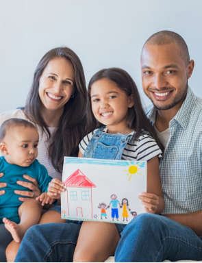 Mother, holding baby and Father, with Daughter holding a drawing